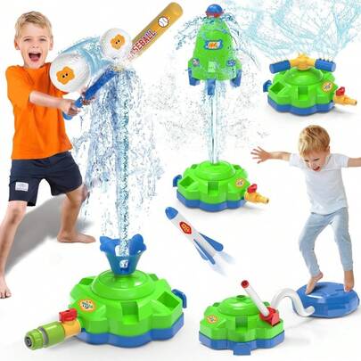 四合一户外游戏玩具——火箭发射器、水上棒球、旋转火箭喷水器、喷水玩具、运动游戏玩具。适合男孩、女孩和宠物，适合3-4岁和5-6岁儿童。万圣节、圣诞节、复活节、生日的绝佳礼物。