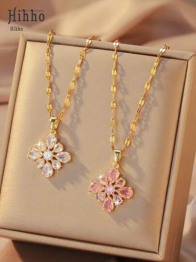 Hihho 1 chiếc dây chuyền mặt hoa đính đá Zirconia nhiều màu sắc độc đáo, thiết kế bằng thép không gỉ, thanh lịch, thích hợp cho đeo hàng ngày, dự tiệc, hẹn hò hoặc làm quà tặng.