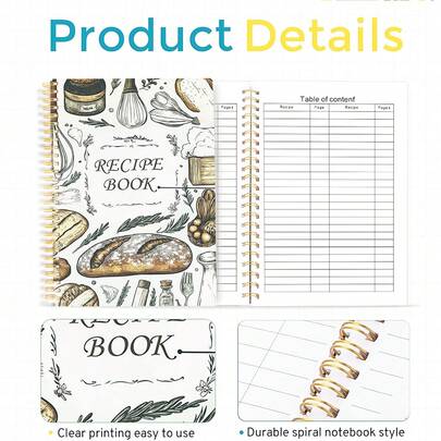 1 szt. A5 Uroczy dziennik przepisów – puste strony do gotowania, pieczenia i planowania posiłków, oprawa spiralna, idealny prezent dla domowych i profesjonalnych szefów kuchni, notatnik kuchenny | Dekoracyjna okładka, planer przepisów