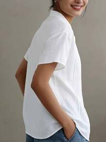 Women's White Short Sleeve Casual Shirt With Front Pleated Design, Suitable For Daily And Office Wear, Spring/Summer - White - View 3