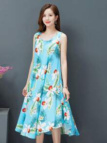 Summer New Style Elegant Women's Round Neck Printed Sleeveless Long Skirt Dress Spring Outfits For Women Primavera A Verano Resort Wear Women Mardi Gras Dresses For Women Vestidos Elegantes De Mujer Y2k Clothes Women Easter Dresses For Women Easter Outfit Women Women Clothes - 藍色 - 查看 4