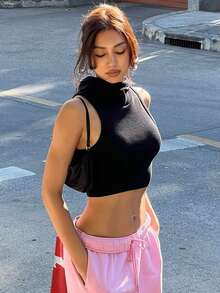 VIBEWAVE 2026 Primavera/Verano Top de punto negro de cuello alto con capucha, ajustado y corto que deja el ombligo al descubierto, sin mangas y sexy, versátil - Negro - Ver 1