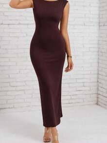 Women Short-Sleeved Long Dress With Deep Backless Design. , 32364 - Brown - View 1