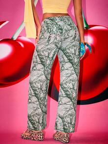 女式复古美式树枝直筒休闲牛仔裤 - 綠色迷彩 - 查看 3