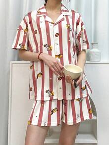 2pcs Women Pajama Set, Cute Dog Print Striped Short Sleeve Top And Shorts, Casual Comfortable Homewear, Suitable For Spring/Summer - Multicolor - View 2