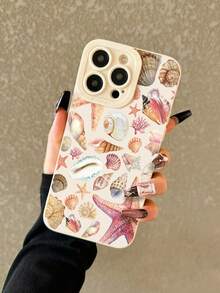 Seashell Painted Anti-Drop Beige Minimalist Protective Phone Case Compatible With IPhone 17/17 Pro, 16/15 XR/7/8, 16 Pro Max, 13/14/11/12 Pro Max, Galaxy, 10/9/Note 9/12C/Note 11 Pro/Note 8 Pro/9C/9A - Multicolor - View 3