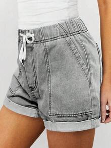 Women's Lightweight Summer Denim Shorts, Casual Loose Drawstring Elastic Waist, Cuffed Hem, Comfortable Vacation Denim Style - 淺灰色 - 查看 4