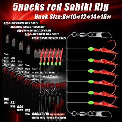 5packs/30hooks Red Sabiki Rig, Professional Bionic Lure For Mackerel, Sardine, Herring, Small Stone Fish And Other Small Sea Fish, Fishing Accessories