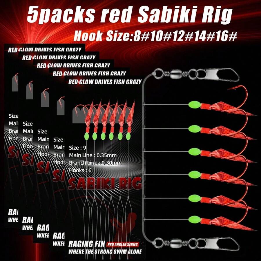 5packs/30hooks Red Sabiki Rig, Professional Bionic Lure For Mackerel, Sardine, Herring, Small Stone Fish And Other Small Sea Fish, Fishing Accessories