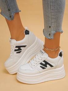 Giày thể thao đế cao dành cho nữ, kiểu dáng thường ngày, họa tiết chữ cái, buộc dây, phong cách preppy, thích hợp cho mùa xuân/thu. - màu đen - Xem 3