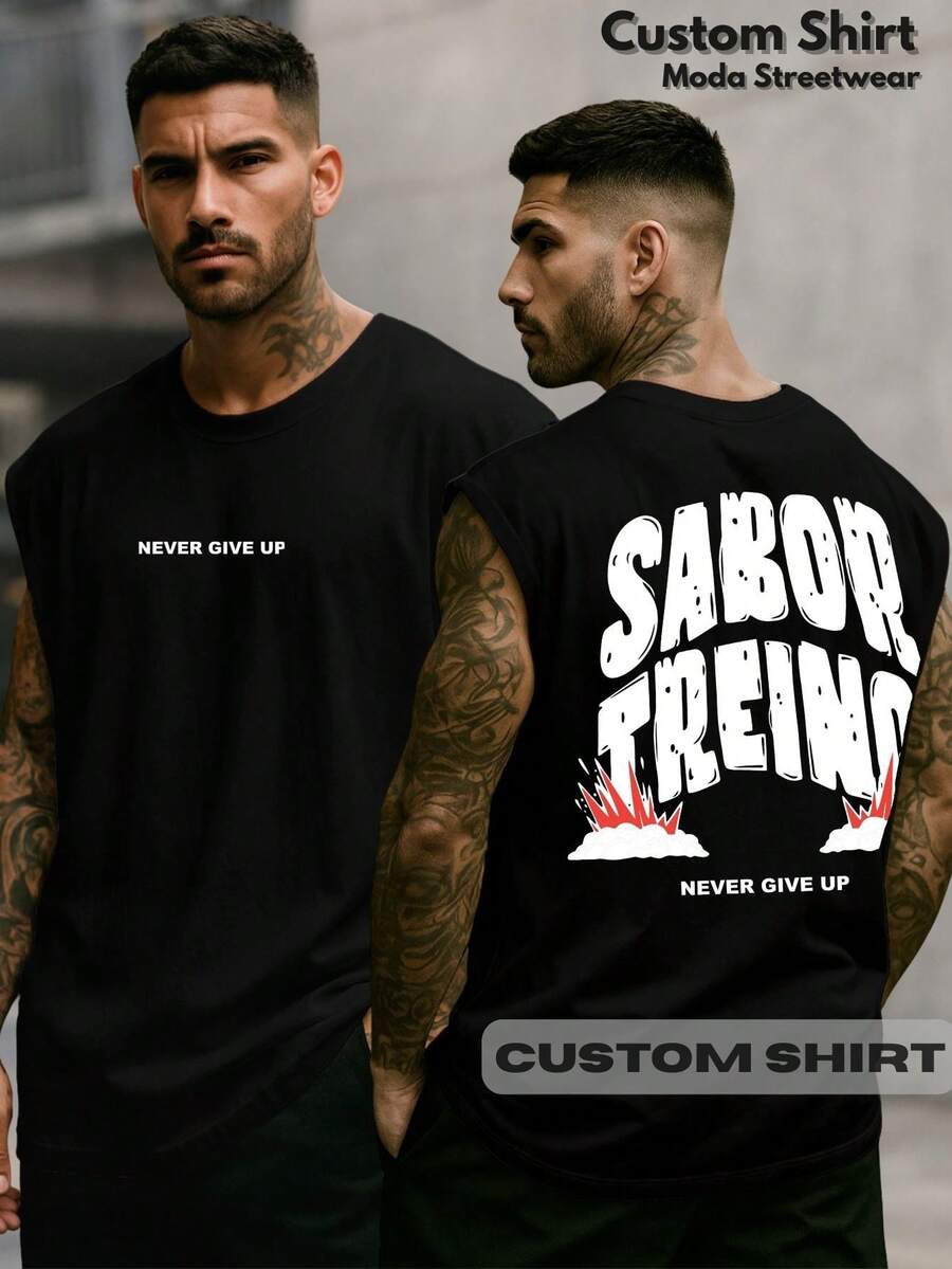 Oversized Sleeveless Streetwear Tank Top With Gym Phrase, Viral Flavor, Workout Print, Bodybuilding Style, 100% Cotton - màu đen - Xem 1