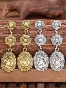 1 Pair Cowgirl Western Vintage Boho Style Totem Carved Geometric Patchwork Metal Alloy Pendant Earrings, Women's Summer Jewelry, Woman Gift - 彩色 - 查看 4