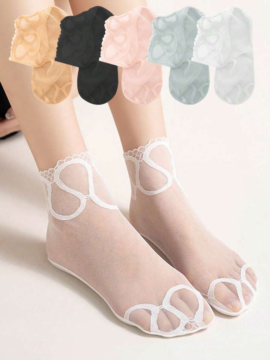 1/5/10 Pairs Of Lolita Women Fashion Invisible Lace Thin Hollow Mesh Non-Slip Shallow Transparent Socks