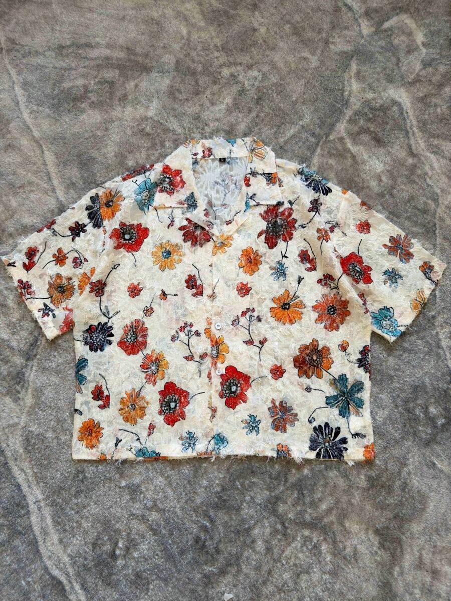 Soft Textured Short Shirt, Unisex, Summer Floral Pattern, Jacquard Fabric, Loose Fit, Distressed, Couple Shirt, Hollow Out, Casual Outings, Young People's Outfit, Vacation Shirt, Short Sleeve Outerwear - 彩色 - 查看 1