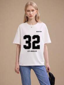 Nueva camiseta de manga corta suelta para mujeres con patrón alfabético digital y blusa casual para mujeres con camiseta de manga corta t - Blanco - Ver 3