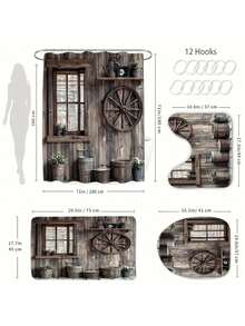 12钩复古木纹图案浴帘 - 防水、机洗、艺术设计，适用于家庭、酒店和浴室 - 多色 - 查看 9