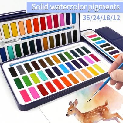 opeth 12/18/24/36 Color Tin Box Solid Watercolor Paint Set, DIY Painting & Graffiti Combo Set, Vivid Colors, High Pigment Saturation, Includes 1 Outlining Brush
