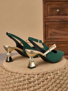 WHDXY Elegant Emerald Green Pointed Toe Heels, Metal Decor Asymmetric Heel, Suitable For Work, Commute, And Evening Occasions - Green - View 3