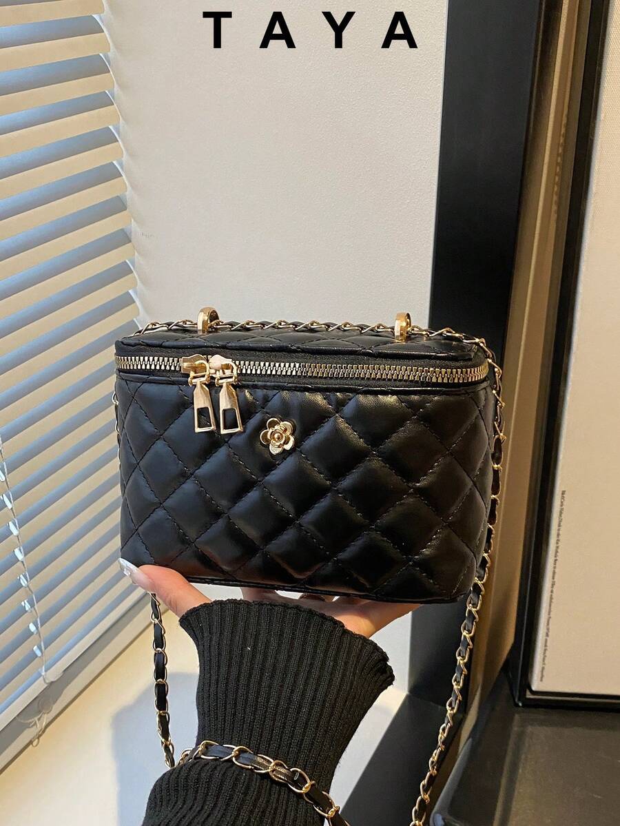 Bolsa Quadrada Pequena com Corrente Clássica de Losango, Bolsa de Cosméticos Mini com Decoração Floral de Metal, Bolsa a Tiracolo Transversal para Mulheres, Adequada para Trabalho, Viagem e Uso Diário
