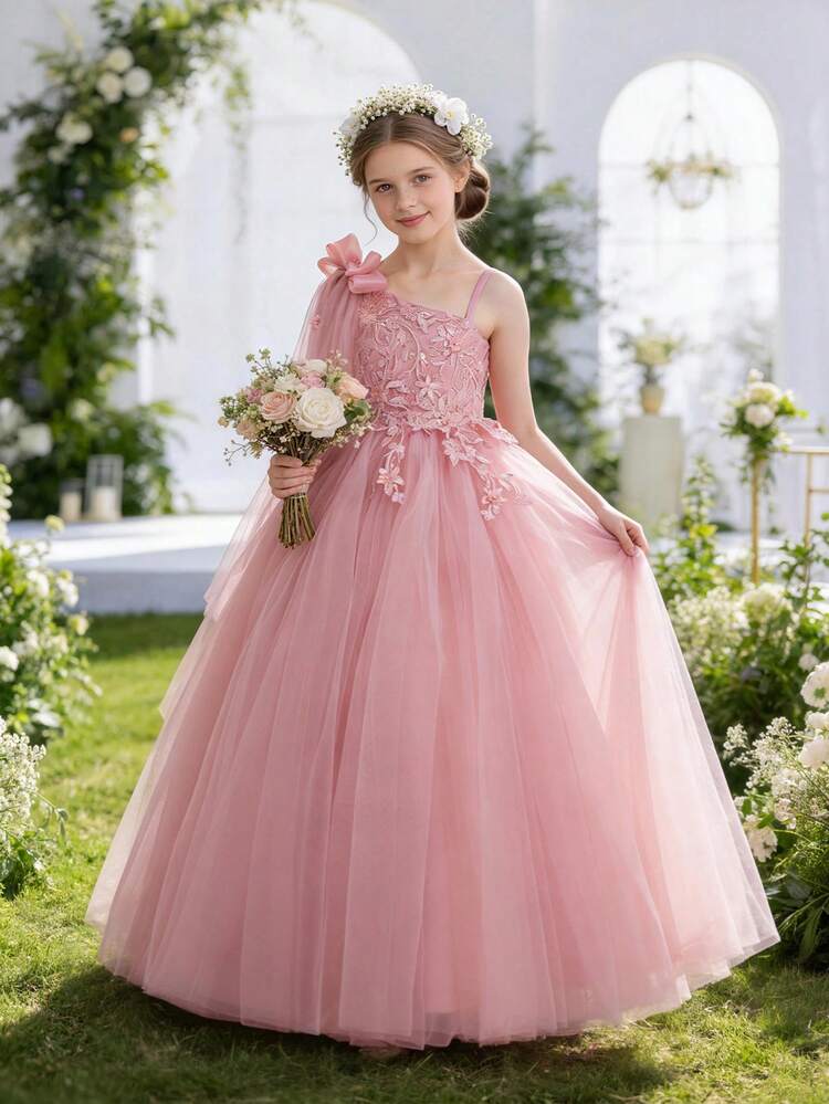girls pink holiday dress Tween Girl Bow Shoulder Lace Tulle Party Dress, Elegant Princess Gown Suitable For Birthday Party, Prom, Wedding, Bridesmaid, collection:midi-dresses