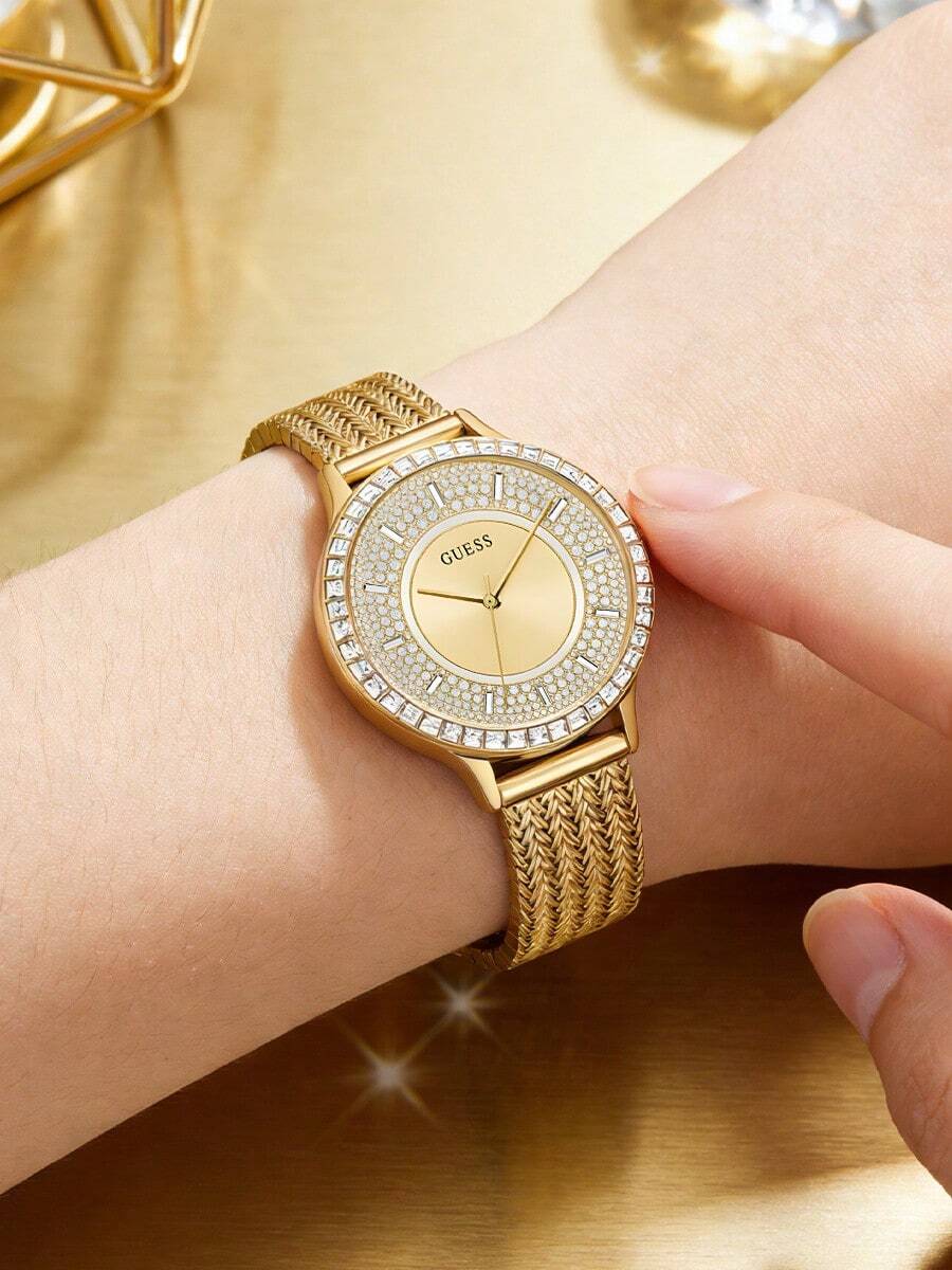 Guess Women's Luxurious Gold Fish Bone Patterned Mesh Strap Watch, Inlaid Crystal Dial And Rectangular Crystal Bezel, Elegant Luxury Office And Casual Daily Wear Wristwatch - Gold - View 1