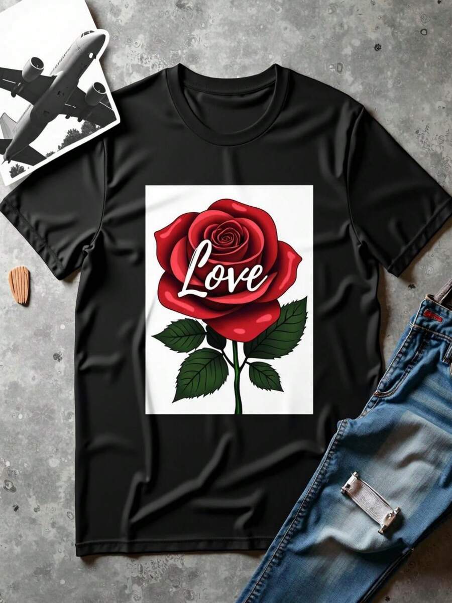 Women's Round Neck Fitted-ShirtUnisex-Shirt Love Design Black Tee  Casual Crew Neck, Regular Fit, Short Sleeve, Valentine'S Day And Birthday Gifts-Suitable Daily Wear, Vacation, Party, - Black - View 1