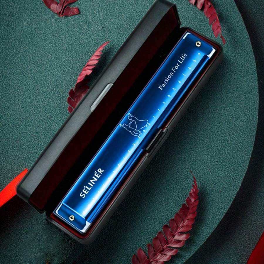 SELINER-24 Hole Tremolo Harmonica, Waltz Model Metal Body, Black Storage Box, Perfect Gift For Beginner Musicians And Music Lovers, Musician's Gift - Blue - View 1