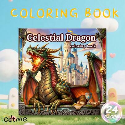 GDTME The Dragon Series: 1 Adult Coloring Book, With A Cover Featuring A Giant Dragon Spewing Fire In Front Of A Castle, Rich In Scale And Armor Details, Exuding An Epic Feel; The Inside Pages Contain Multiple Fantasy Dragon Line Art Designs, Such As A Knight Riding A Dragon, A Dragon With A Queen, An Elf Dragon Companion, And A Sunflower Dragon Pattern, With Delicate And Stunning Lines, Suitable For Fantasy Enthusiasts To Unleash Their Creativity And Unlock The World Of Dragons And Magic.