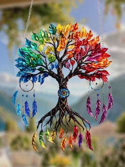 1pc 2D Colorful Tree Of Life Decorative Hanging Ornament - Sun Catcher, Suitable For Home And Office Decor, Birthday Or Mother's Day Gift, Decorative Style, Gift For Women, Outdoor Artificial Plants, Outdoor Decor, Fake Plants, Home Decor, Artificial Flowers, Gardening Supplies, Garden Decor