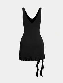 欧美风女士性感V领不对称露背迷你连衣裙，夏季百搭派对礼服，优雅迷人 - 黑色# - 查看 3