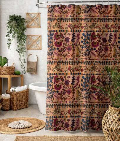 Coastal Floral Shower Curtain, Boho Botanical Bathroom Decor, Cottagecore Ocean Style Bath Curtain, Printed Fabric Shower Curtain Y0GY