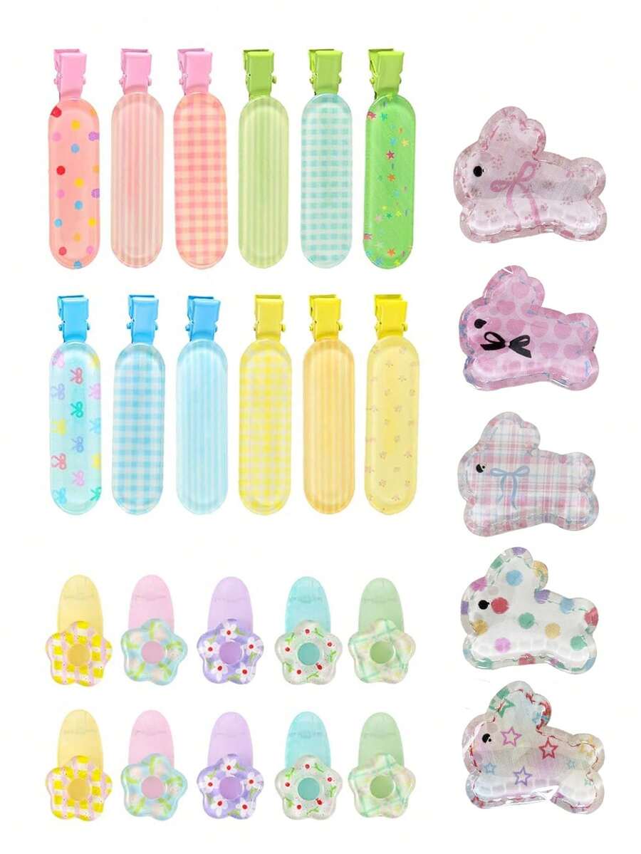 3pcs Jelly Color Bow, Plaid, Flower, Rabbit Hair Clips, Makeup Clips, Bangs Clips, Hair Accessories,Hair Barrettes - Multicolor - View 1