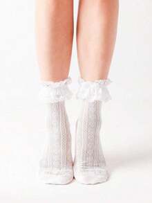 1 Pair Of Women's Solid Color Romantic Pleated Lace Trimmed Heart-Shaped Small Leg Socks. Cute Hollow Mesh Style, Lace Lace Love Socks, Suitable For School Gatherings, Daily Wear, Is A Great Gift, Halloween Gift, Halloween Decorative Socks, Christmas Decoration, Back To School Season, Travel Season, Valentine's Day, Fall - 1 đôi màu trắng - Xem 13