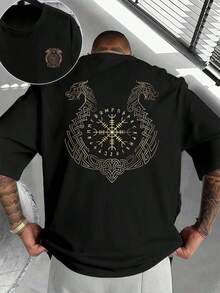 2026T-Shirt With Viking And Norse Rune Motifs, Dragon Helmet Print, Autumnal, Round Neck, Relaxed Fit, Street Hip-Hop Style, Unique Graphic Print, Double-Sided Print Y2k - 黑色 - 查看 1