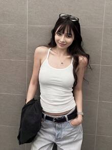 Women's Crew Neck Camisole With Built-In Padded Bra, Backless Seamless Tank Top For Layering - White - View 5