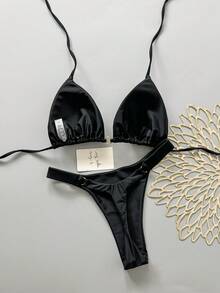 Bộ bikini gợi cảm buộc dây cổ màu trơn dành cho nữ, thích hợp mặc đi biển mùa hè. - màu đen - Xem 3