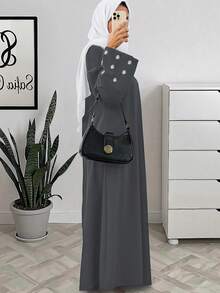 1pc Women's Muslim Long Robe Dress, Floral Embroidery Long Sleeve Plus Size Muslim Gown, Classic Grey Smooth Knit Fabric Islamic Clothing - Grey - View 2