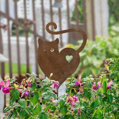 1 件复古猫咪剪影亚克力花园插牌 - 心形猫咪户外装饰，专为母亲节设计，可搭配做旧庭院艺术品装饰露台或花园。