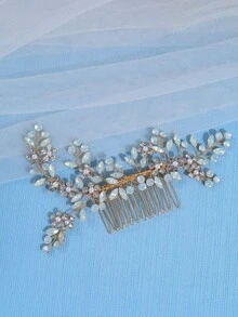 1 pieza Peineta de novia elegante de aleación púrpura adornada con rhinestones y perlas, ideal para bodas, banquetes, fiestas y uso diario, tiaras reales, peinetas, tocados - Multicolor - Ver 7