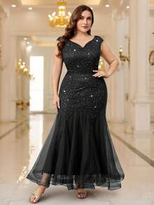 Plus Elegant V-Neck Sequin Lace Sleeveless Mesh Mermaid Hem Formal Party Maxi Dress, Evening Wedding Guest Dress, For Party, Graduation, Homecoming - 黑色 - 查看 1