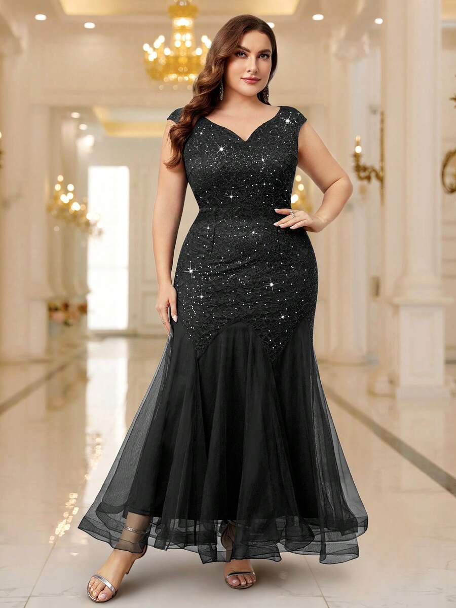 Plus Elegant V-Neck Sequin Lace Sleeveless Mesh Mermaid Hem Formal Party Maxi Dress, Evening Wedding Guest Dress, For Party, Graduation, Homecoming - 黑色 - 查看 1