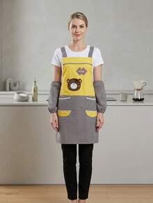 1pc Japanese Cotton Linen Kitchen Apron, Anti-Oil Adult Cooking Smock, Cafe Uniform, Artistic Apron - Bear-shaped Apron With Sleeves - Green - View 2