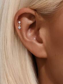 1 chiếc khuyên tai bạc 925 Sterling hình thoi hình học, đính đá Moissanite, kiểu dáng thanh lịch, thích hợp cho xỏ khuyên sụn tai, không gây dị ứng, quà tặng cho nữ và bé gái, thích hợp đeo hàng ngày, dự tiệc, đám cưới. - Bạc - Xem 2