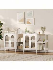 39.4in armario buffet de aparador con estante de almacenamiento, armarios de almacenamiento de madera con 2 puertas de vidrio, dos manijas de metal dorado, moderno armario de aparador para comedor, sala de estar, cocina, entrada, pasillo - Blanco - Ver 3