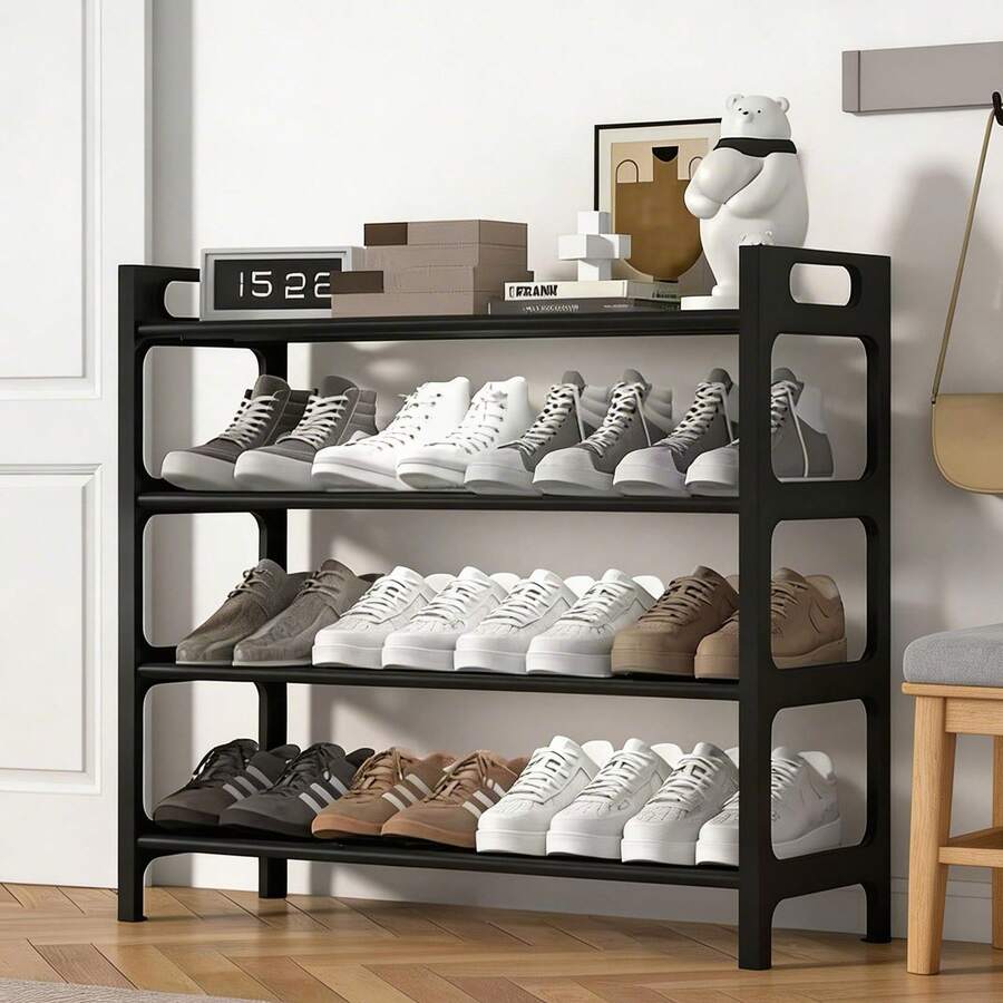4-Tier Stackable Shoe Rack, Household Storage Organizer, Free Standing Shelf For Entryway, Bedroom And Closet, Holds Multiple Pairs Of Shoes, Space-Saving Shoe Storage Shelf - 黑色 - 查看 1