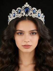 1pc Fashion New Teardrop Silver Crown Bridal Headpiece, Birthday/Festival/Graduation Gift Accessory - Navy Blue - View 5