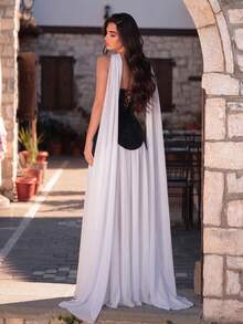 Faeriesty Elegant Strapless Evening Gown - Criss-Cross Back Straps, Flowing Drape - Perfect For Red Carpet Events, Weddings, Galas, And Social Gatherings - Black and White - View 4
