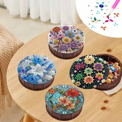 1pc Diamond Painting Kit With Round Covered Storage Box, Floral Pattern Design, Wooden Material Assembled Storage Box, Can Be Used As Home Desk, Candy, Snack Storage Box, New Year Gift