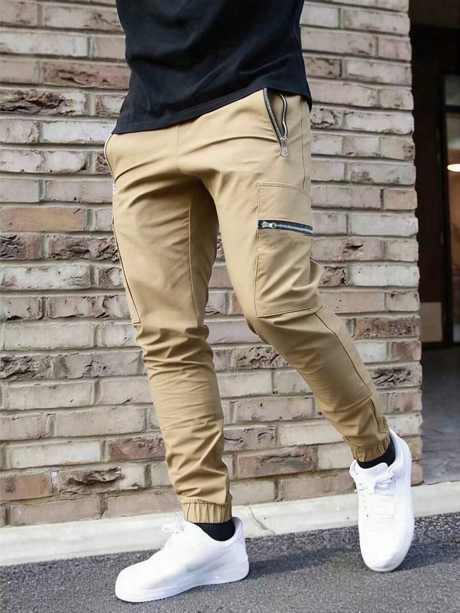 Pantalones jogger casuales para hombres con múltiples bolsillos, estilo minimalista de cargo deportivo - Caqui - Ver 1