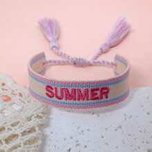 1pc Vintage Embroidered "SUMMER" Handmade Braided Boho Style Bracelet, Suitable For Family, Friends, Students, Travel, Party Wear - Multicolor - View 5